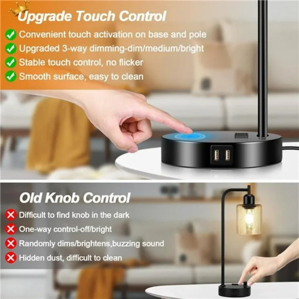 Set of 2 Touch Control Table Lamps with USB Ports Dimmable Bedside Desk Lamps